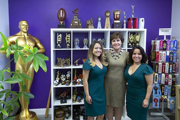 Sen. Jacky Rosen, center, D-Nev., poses with owners Cindy Soto, left and her sister Marylou Soto at Lazer Ladies, a veteran-owned small business, in North Las Vegas Friday, July 12, 2019. Rosen unveiled her Veterans Jobs Opportunity Act which will provide tax credit for veterans who start a small business in underserved communities.