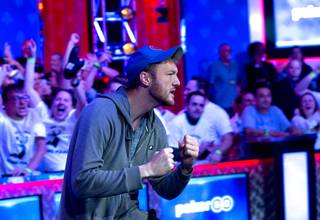 Kevin Maahs of Chicago celebrates after knocking out Zhen Cai, of Lake Worth, Fla. at the final table during the World Series of Poker Main Event at the Rio Sunday, July 14, 2019. Can finished in sixth place.