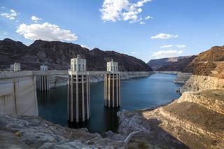 A view of intake towers at Hoover Dam Saturday, July 13, 2019. The white stripe on the rocks is the Lake Mead 
