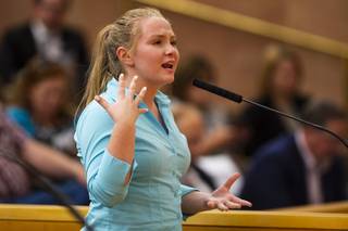 Sarah Grindstaff, elementary education major, voices her concerns during a joint meeting of the Clark County Board of Commissioners and the Clark County School District Board of Trustees at the Clark County Government Center on Thursday, July 18, 2019.