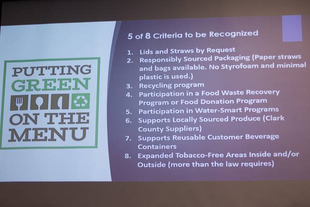 Chief Health Officer Dr. Joe Iser, not pictured, introduces a green restaurant initiative during the State of the Health District address at the Southern Nevada Health District office building Thursday, July 18, 2019.