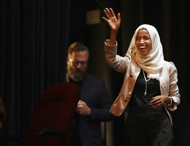 U.S. Rep. Ilhan Omar, D-Minn., holds a Medicare for All town hall with Rep. Pramila Jayapal, D-Wash., (not pictured) and other state lawmakers, Thursday, July 18, 2019, in Minneapolis. 

