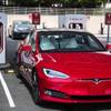 A Tesla vehicle is parked at a new Tesla Supercharger station next to the Linq High Roller on Tuesday, July 23, 2019.