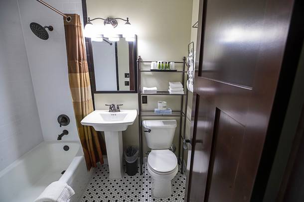 The bathroom of a remodeled room is shown at Binion's Gambling Hall in downtown Las Vegas Wednesday, July 24, 2019. On Monday, July 29, TLC Casino Enterprises will open 81 historically-themed rooms as Hotel Apache, the original name of the hotel when it was built in 1932.
