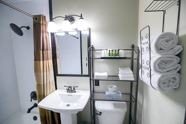 The bathroom of a remodeled room is shown at Binion's Gambling Hall in downtown Las Vegas Wednesday, July 24, 2019. On Monday, July 29, TLC Casino Enterprises will open 81 historically-themed rooms as Hotel Apache, the original name of the hotel when it was built in 1932.