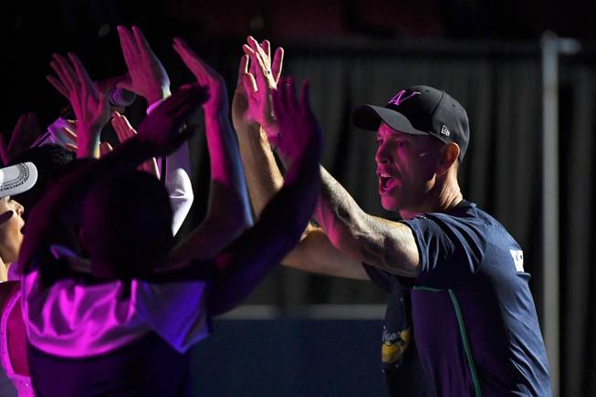 Vegas Rollers coach Tim Blenkiron is greeted as the team is introduced during the World Team Tennis match between the Rollers and Springfield Lasers Saturday, July 20, 2019, at the Orleans Arena in Las Vegas.