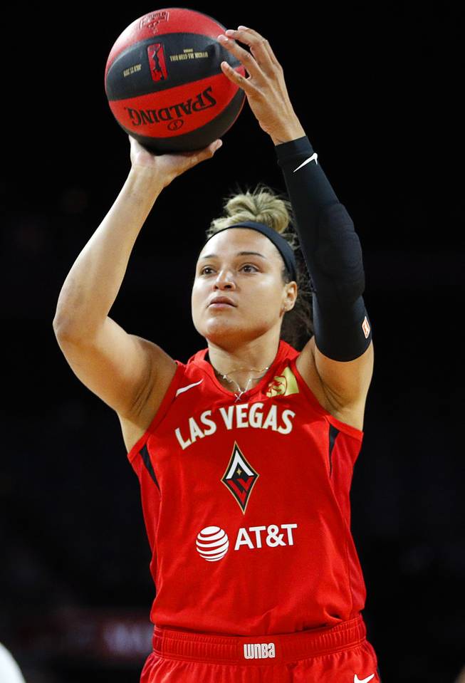 Las Vegas Aces' Kayla McBride competes at the 3-point contest during the WNBA All-Star festivities Friday, July 26, 2019, in Las Vegas. 