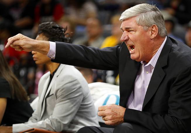 Las Vegas Aces head coach Bill Laimbeer calls out to players during a WNBA basketball game against the Dallas Wings at the Mandalay Bay Events Center Tuesday, July 30, 2019.