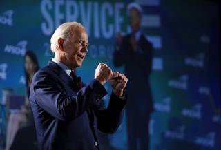 Democratic presidential candidate and former vice president Joe Biden responds to a question during an American Federation of State, County and Municipal Employees Public Service Forum at UNLV Saturday, Aug. 3, 2019. 