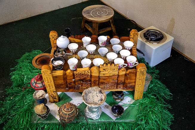 A setup for a Ethopian coffee ceremony is shown at Lucy's Ethiopian Restaurant, 4850 W. Flamingo Rd., Tuesday, Aug. 6, 2019.