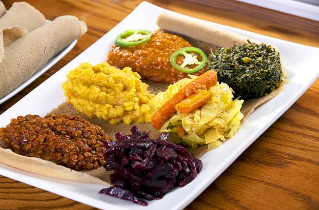 A Vegetarian Platter is displayed at NU Ethiopian Kitchen, 4230 S. Decatur Blvd., Tuesday, Aug. 6, 2019.