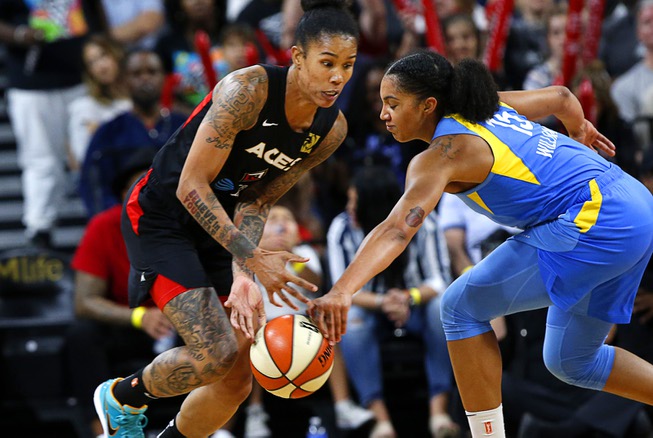 Las Vegas Aces forward Tamera Young (1) steals the ball ...
