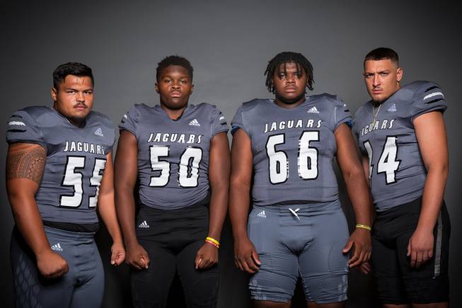Members of the Desert Pines High School football team are pictured during the Las Vegas Sun's high school football media day at the Red Rock Resort on July 24, 2019. They include, from left, Blaze Homalon, Elijah Wade, Joe Brown and Gabriel Lopez.