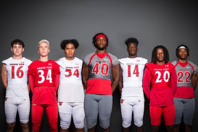 Members of the Arbor View High School football team are pictured during the Las Vegas Sun's high school football media day at the Red Rock Resort on July 24, 2019. They include, from left, Trent Whalen, Easton Jones, Tai Tuinei, Cory Hall, Rickey Jones, Rickie Davis and Zavier Alston.