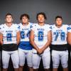 Members of the Basic High School football team are pictured during the Las Vegas Sun's high school football media day at the Red Rock Resort on July 24, 2019. They include, from left, Kyle Fulton, CJ Grismanauskas, Isaiah Render, Kennedy Allen, Henry Lim and Jordan Smith.