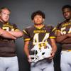 Members of the Bonanza High School football team are pictured during the Las Vegas Sun's high school football media day at the Red Rock Resort on July 24, 2019. They include, from left, Jacob Zafarano, Armando Mireles and Lee Thompson.