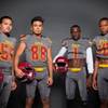 Members of the Del Sol Academy football team are pictured during the Las Vegas Sun's high school football media day at the Red Rock Resort on July 24, 2019. They include, from left, Danny De La Rosa, Bryan Juarez, Maalik Flowers and Damani Wilks.
