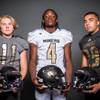 Members of the Sunrise Mountain High School football team are pictured during the Las Vegas Sun's high school football media day at the Red Rock Resort on July 24, 2019. They include, from left, Izaiah Miller, Link Rhodes and Christian Fuentes.