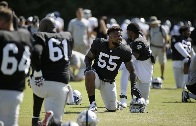 Oakland Raiders outside linebacker Vontaze Burfict (55) during NFL football training camp Thursday, Aug. 8, 2019, in Napa, Calif. Both the Oakland Raiders and the Los Angeles Rams held a joint practice before their upcoming preseason game on Saturday. (AP Photo/Eric Risberg)