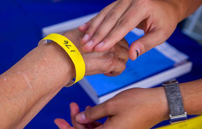 A woman receives a numbered wristband as she checks in for "Clear the Shelters Day" at the Animal Foundation's GreenGale Campus, 655 Mojave Rd., Saturday, Aug. 17, 2019. People looking to adopt dogs got blue wristbands, people looking for cats got yellow wristbands. Over 1,000 wristbands were handed out at the Animal Foundation and the PetSmart Charities Everyday Adoption Center in Henderson. 