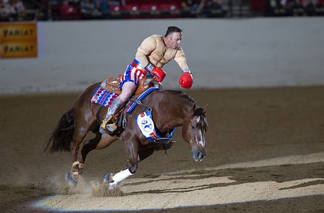 Andrea Fappani of Scottsdale, Ariz. and his horse Custom Spook compete in the $50,000 Added Invitational Freestyle competition at the South Point Arena Saturday, Aug. 17, 2019. The event was part of "The Run For a Million," the world's richest reining championship event, which was filmed for Paramount Network's "The Last Cowboy."