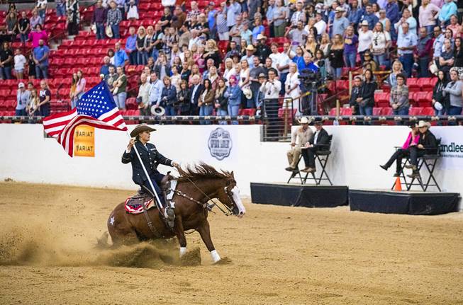Daphne Foran and her horse Always a Specialnite perform a sliding stop in front of judges during the $50,000 Added Invitational Freestyle competition at the South Point Arena Saturday, Aug. 17, 2019. The event was part of "The Run For a Million," the world's richest reining championship event, which was filmed for Paramount Network's "The Last Cowboy."