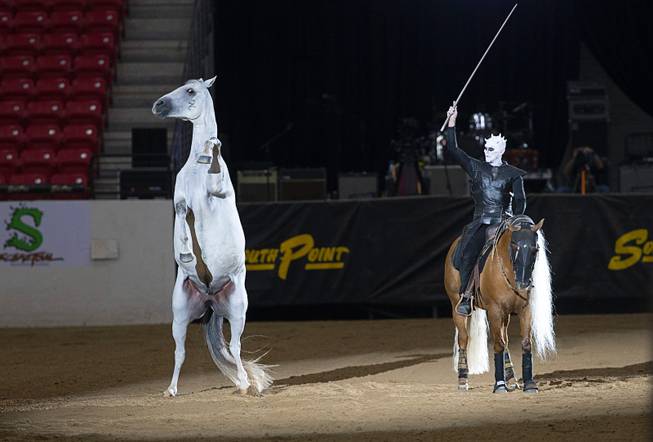 Dan James, originally of Australia, now living in Lexington, Ky., gives a "Game of Thrones"-themed performance during the $50,000 Added Invitational Freestyle competition at the South Point Arena Saturday, Aug. 17, 2019. The event was part of "The Run For a Million," the world's richest reining championship event, which was filmed for Paramount Network's "The Last Cowboy."