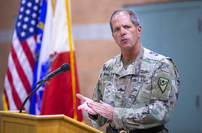 National Guard Brigadier General Zach Doser speaks during a mobilization ...