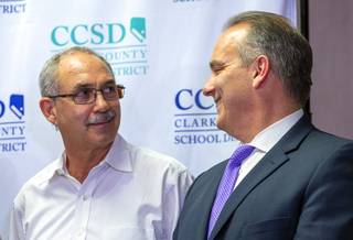 John Vellardita, left, executive director of the Clark County Education Association, and Clark County School District Superintendent Jesus Jara attend a news conference at CCSD headquarters Wednesday, Aug. 28, 2019. The district and the teachers union announced a tentative agreement to avoid a strike.