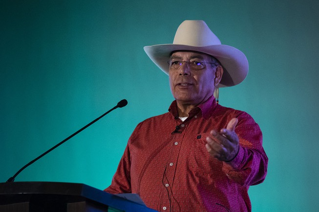 Chairman/Spokesperson of the Pahrump Paiute Tribe/CGTO, Richard Arnold speaks during ...