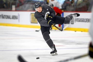 Kaedan Korczak (6) takes a shot on goal during the first day of the Vegas Golden Knights’ rookie camp at City National Arena in Summerlin Friday, Sept. 6, 2019.