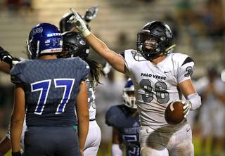 Palo Verde's Tanner Vaughan (36) celebrates after recovering a Green Valley fumble during a game at Green Valley High School in Henderson, Friday, Sept. 13, 2019.