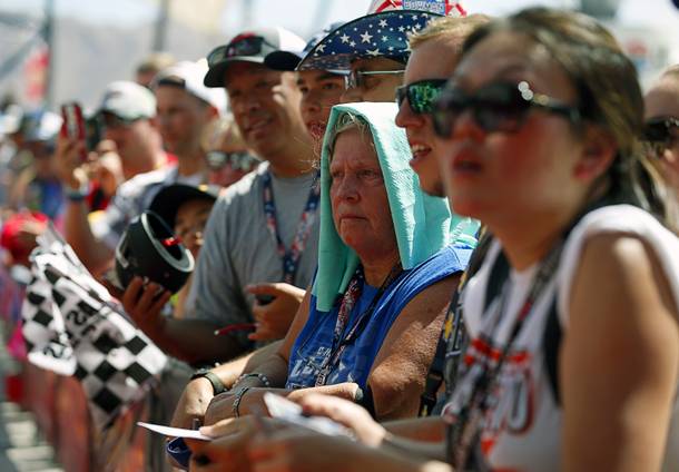 Fans wait to get drivers' autographs during the South Point 400 Monster Energy NASCAR Cup Series race at the Las Vegas Motor Speedway Sunday, Sept. 15, 2019.