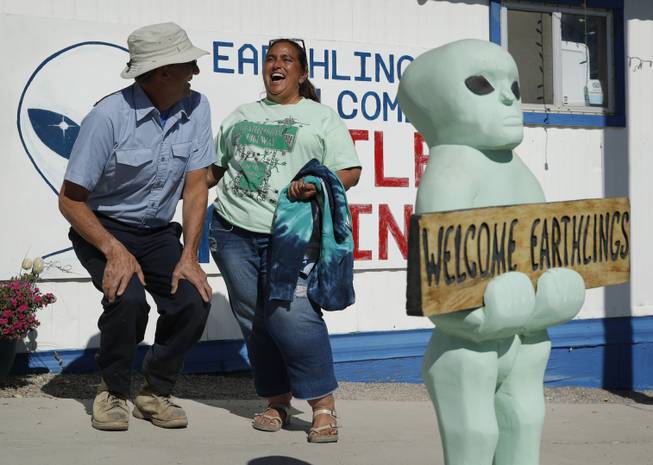 Little A'Le'Inn owner Connie West, right, laughs with Kirk Schultz outside of the bar and restaurant, Wednesday, Sept. 18, 2019, in Rachel, Nev. The two were helping to prepare for upcoming events spawned from the "Storm Area 51" internet hoax.