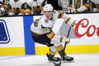 Golden Knights defenseman Dylan Coghlan is shown during a preseason game against the Sharks in San Jose, Calif., Saturday, Sept. 21, 2019.