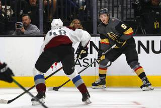 in the third period of a preseason game against the Colorado Avalanche at T-Mobile Arena Wednesday, Sept. 25, 2019.