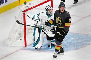 Vegas Golden Knight Cody Glass (9) celebrates after he scores in the first period during a NHL season opener game against the San Jose Sharks at T-Mobile Arena, Wednesday, Oct. 2, 2019.