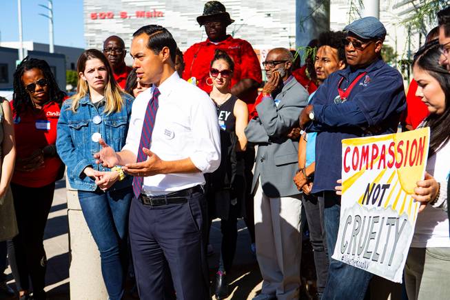 Former Housing and Urban Development Secretary and Democratic presidential candidate Julian Castro speaks during a protest in response to a proposed city ordinance outside of Las Vegas City Hall on Wednesday, Oct. 2, 2019. The proposed ordinance would make homeless encampments illegal if beds are available through the city or nonprofit organizations. Miranda Alam/Special to the Sun