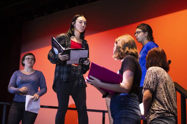 Senior Emily Shoemaker performs as Queen Lear during a rehearsal for an all female version of Shakespeare's "King Lear" at Arbor View high school, Friday, Oct. 4, 2019. 