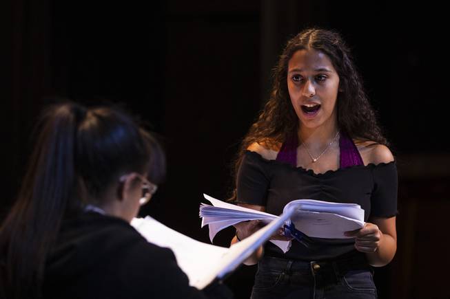Senior Bethany Bezak performs as Goneril during a rehearsal for an all female version of Shakespeare's "King Lear" at Arbor View high school, Friday, Oct. 4, 2019. 