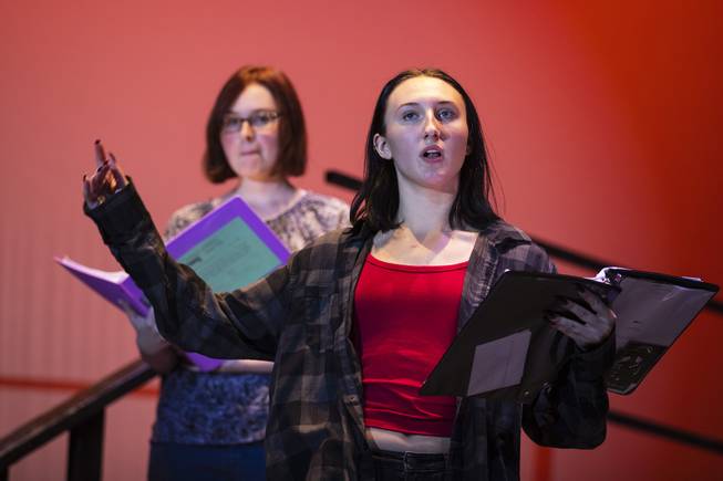 Emily Shoemaker rehearses as Queen Lear for an all-female version of Shakespeare's "King Lear" at Arbor View High School, Friday, Oct. 4, 2019. 