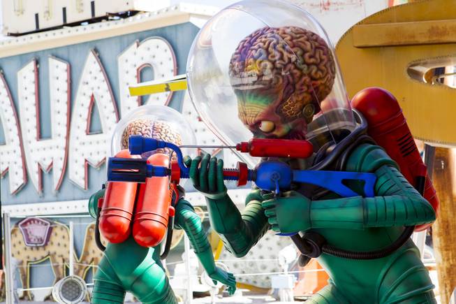 "Martians" inspired from the 1996 film Mars Attacks! are seen during a media preview of the Neon Museum's new exhibit, "Lost Vegas: Tim Burton @ The Neon Museum," Monday, Oct. 14, 2019.  The exhibit will be on view from October 15, 2019 - February 15, 2020.
