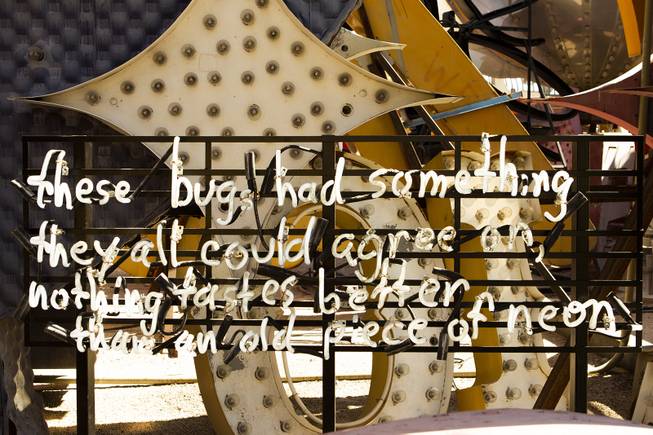 The "Bugs Poem" is seen during a media preview of the Neon Museum's new exhibit, "Lost Vegas: Tim Burton @ The Neon Museum," Monday, Oct. 14, 2019.  The exhibit will be on view from October 15, 2019 - February 15, 2020.