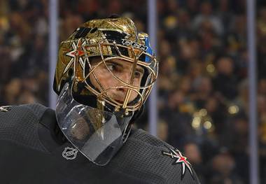 Golden Knights goaltender Marc-Andre Fleury is shown during a break in the second period of a game against the Nashville Predators at T-Mobile Arena Tuesday, Oct. 15, 2019.