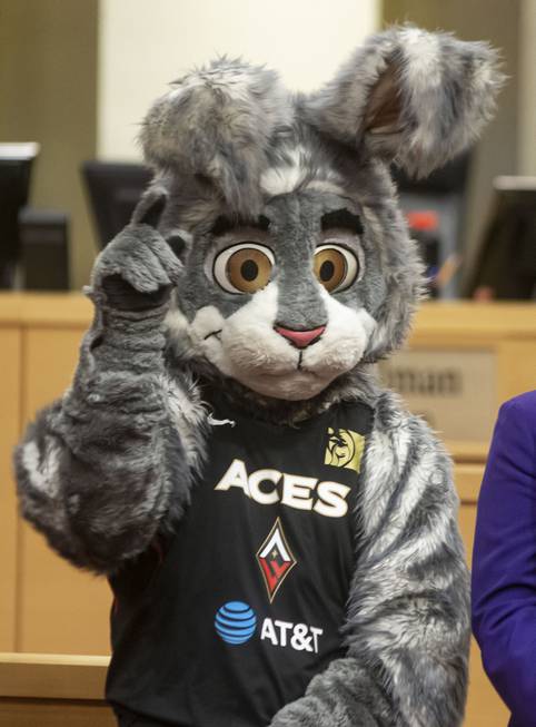 Las Vegas Aces mascot Buckets poses cheers during a Las ...