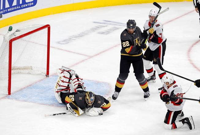Golden Knights' goaltender Marc-Andre Fleury (29) makes a save in the second period during a game against the Ottawa Senators at T-Mobile Arena Friday, Oct. 17, 2019.