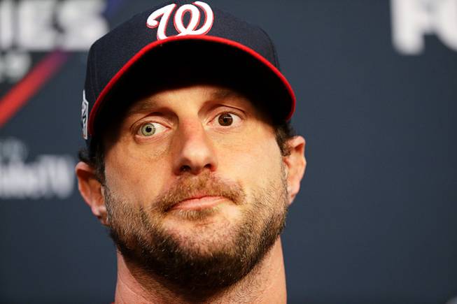 Washington Nationals starting pitcher Max Scherzer speaks during a news conference for baseball's World Series Monday, Oct. 21, 2019, in Houston.
