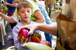 Blake Ferrell, 2nd grader from Floyd Elementary School, helps a customer pick out pomegranates from their booth during the Nation's Largest Student-run Farmers Market at the Clark County Government Amphitheater Wednesday, Oct. 23, 2019.