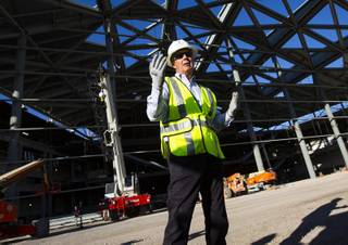 Terry Miller of Cordell Corporation, LLC speaks to media during a tour of the construction site where the expansion of the Las Vegas Convention Center is underway in Las Vegas on Thursday, Oct. 24, 2019.