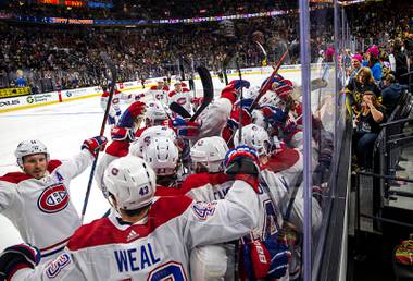 Montreal Canadiens celebrate their 5-4 overtime win over the Vegas Golden Knights at T-Mobile Arena Thursday, Oct. 31, 2019. 